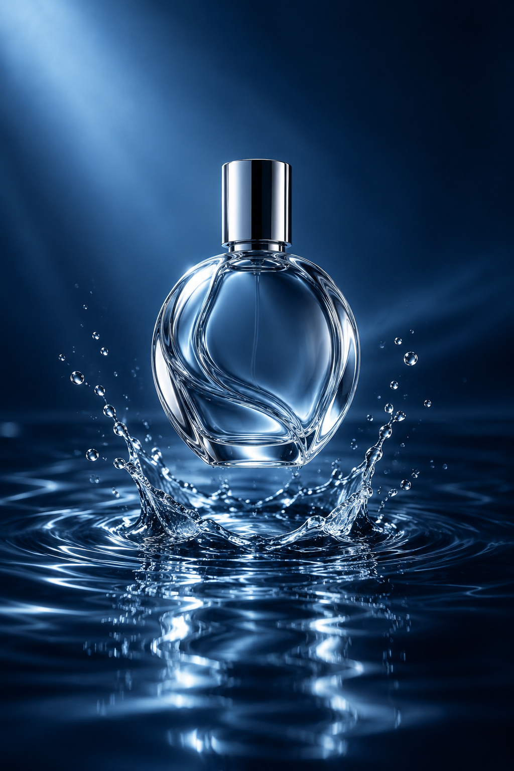 Concept IA : un flacon de parfum sans marque au-dessus d’une eau bleue.